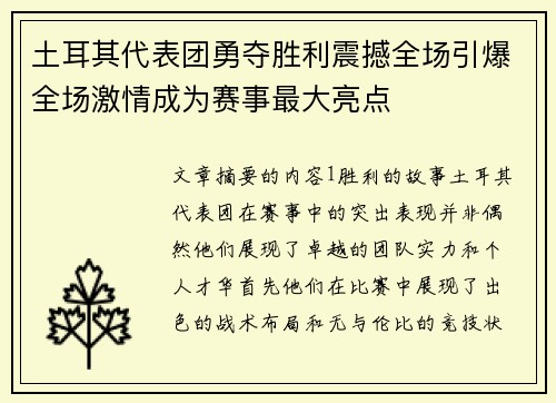 土耳其代表团勇夺胜利震撼全场引爆全场激情成为赛事最大亮点